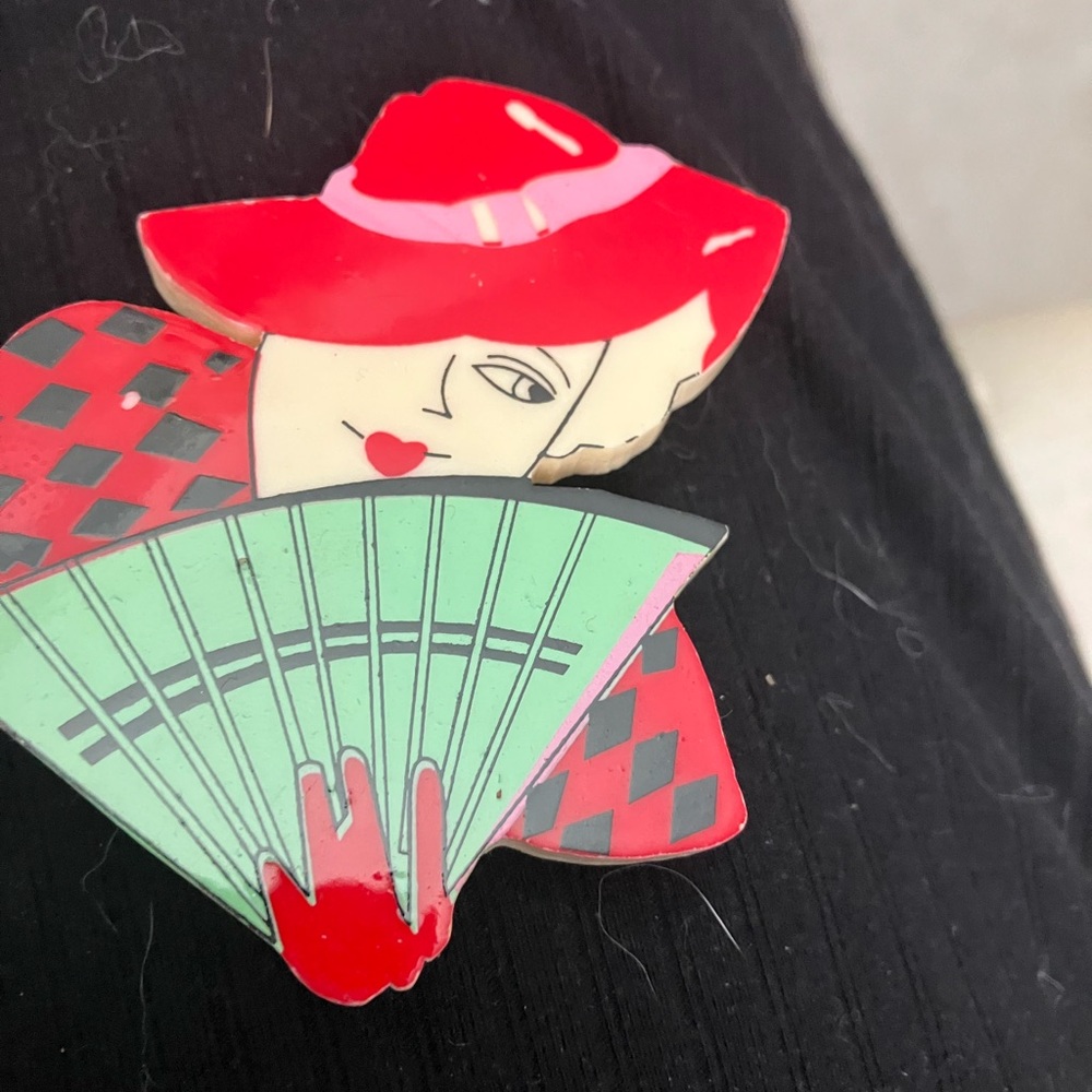 Vintage Lucite, society, woman, deco, red hat, pin brooch